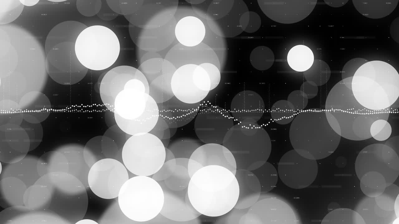 Abertura em tela preta, círculos bokeh flutuando enquanto forma de onda pontilhada ondula, visualizando áudio