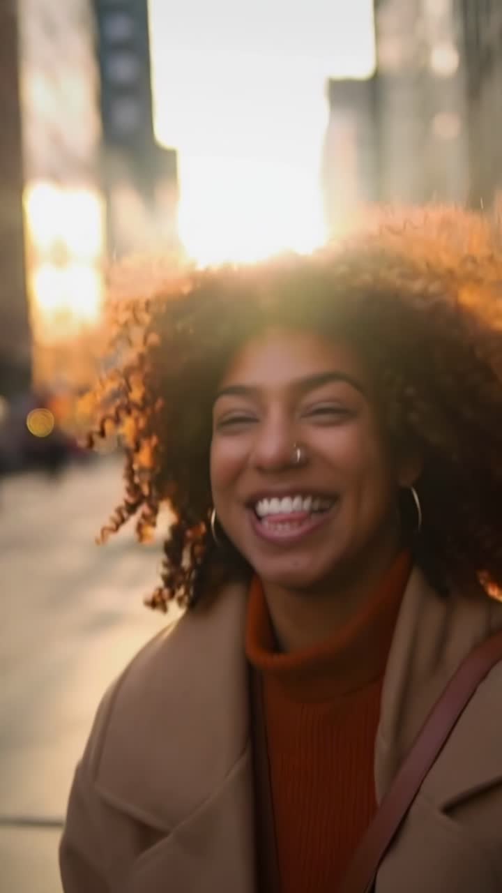 Warm, candid street video shot at eye level, capturing a joyful moment in urban sunset