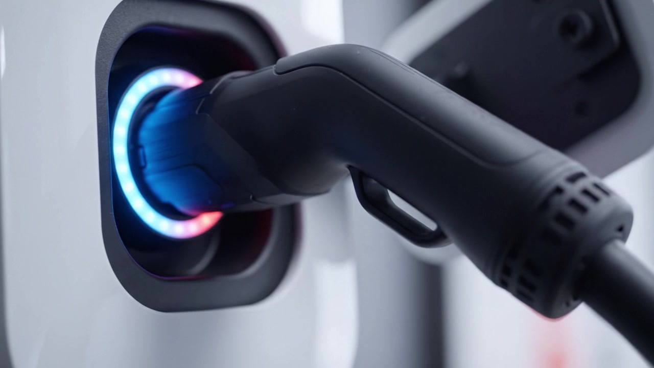 Charging Station Close-Up: A Detailed Look at an Electric Vehicle Charging Process with Engaging Visual Indicators and a Sleek Connector Design