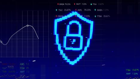 Security-padlock-icon-against-financial-and-stock-market-data-processing-against-blue-background