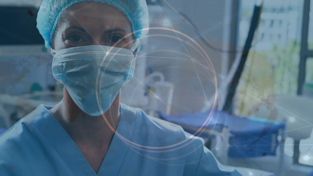 Animation of network of connections and circles over caucasian female doctor