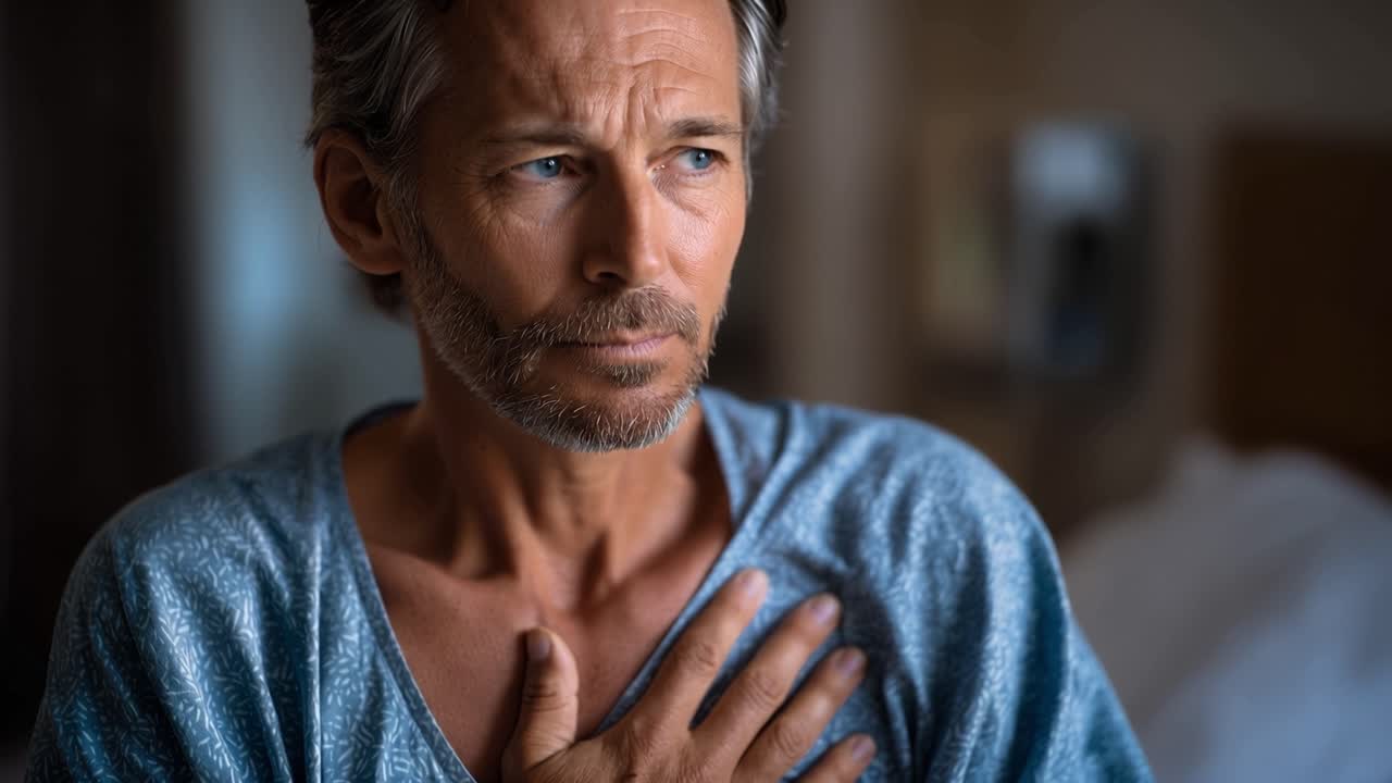 Un uomo in vestaglia blu si tiene il petto. Sembra stanco, forse indisposto. I suoi occhi mostrano fatica o angoscia. Potrebbe soffrire di dolore al petto. Ideale per temi di salute, medicina o benessere.