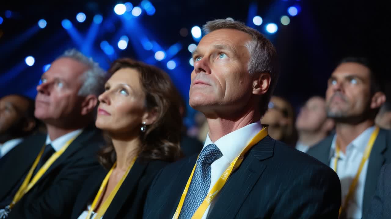 Focused individuals attentively watching a captivating presentation at a large event, illuminated by vibrant stage lights, showcasing an atmosphere of engagement and concentration among the audience