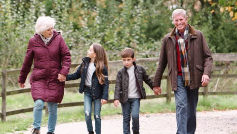 Abuelos-Con-Nietos-En-Otoño-Caminan-Juntos-Por-El-Campo