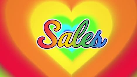 animación del texto de ventas sobre el fondo del corazón arco iris.