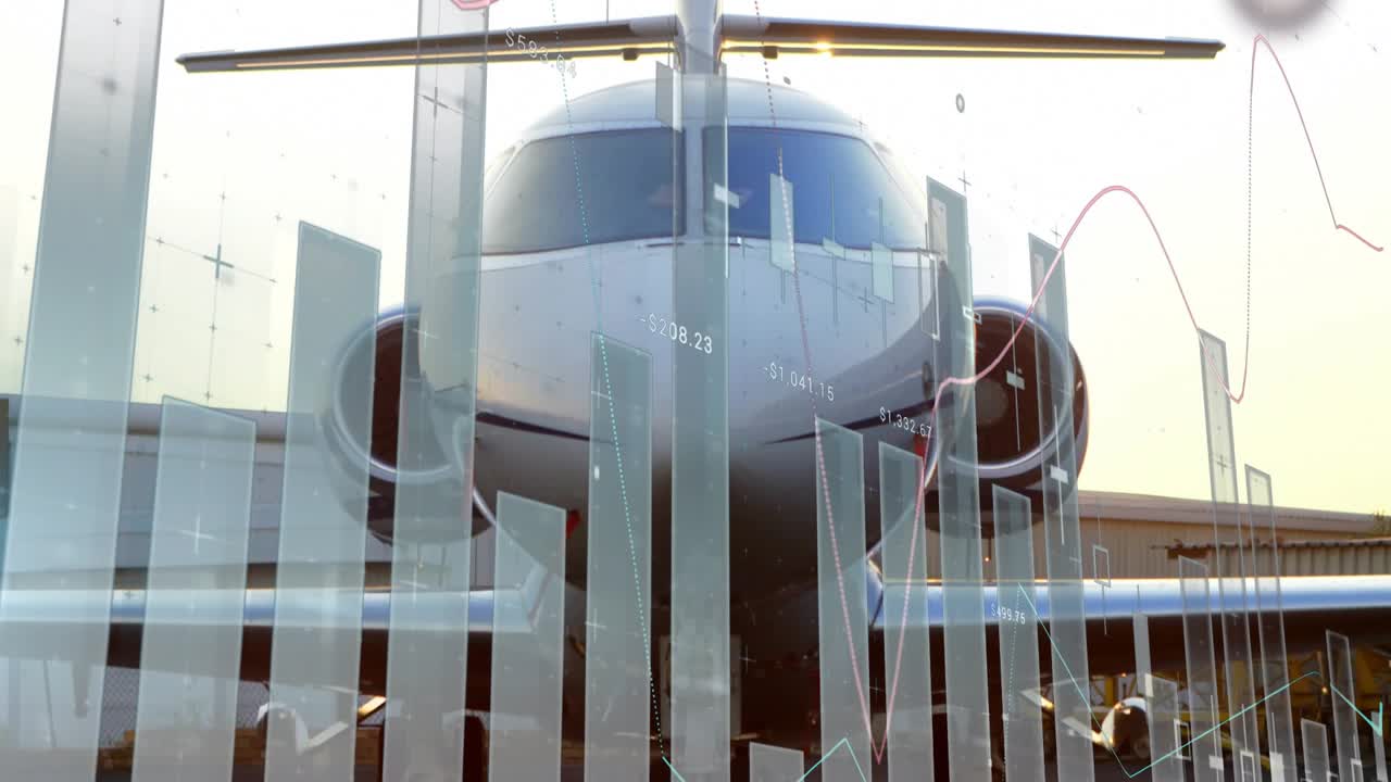 Jet close-up showing overlay, camera dollies back, bars candlesticks shifting indicating trends