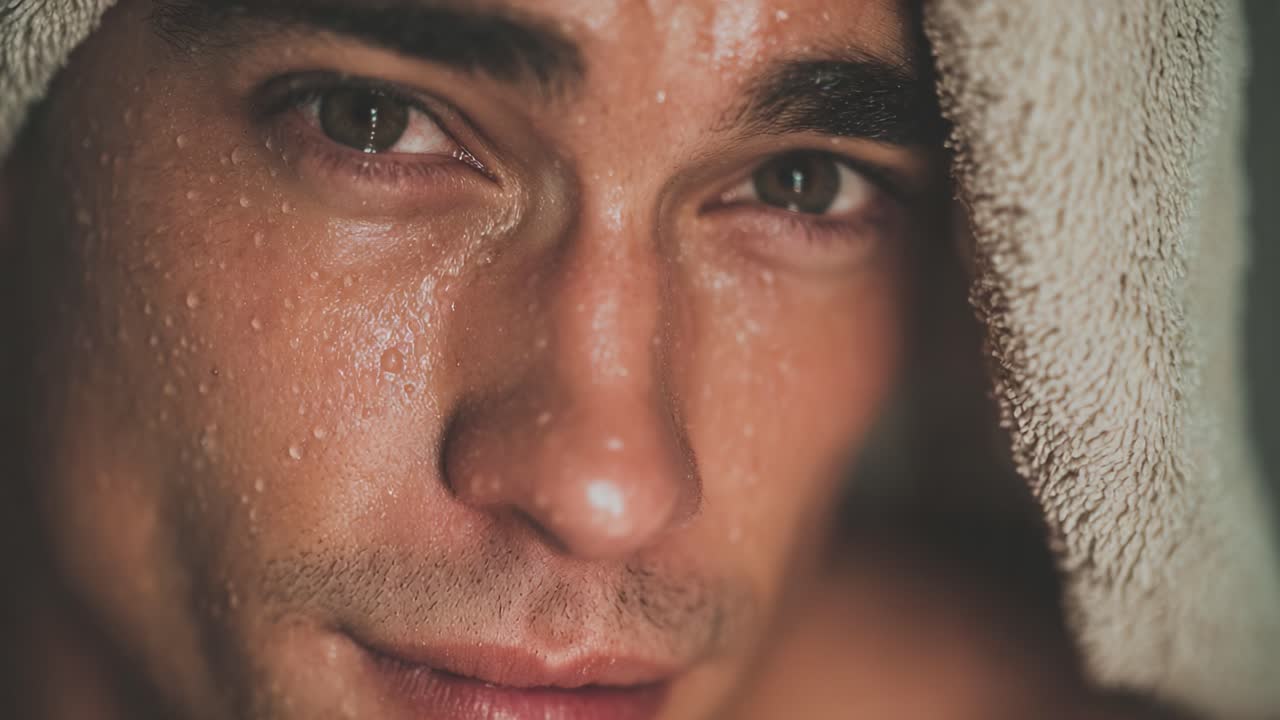 A Close-up Portrait of a Young Man with a Towel Draped Over His Head, Capturing Intense Emotion and Water Droplets on His Skin, Highlighting Raw Natural Beauty
