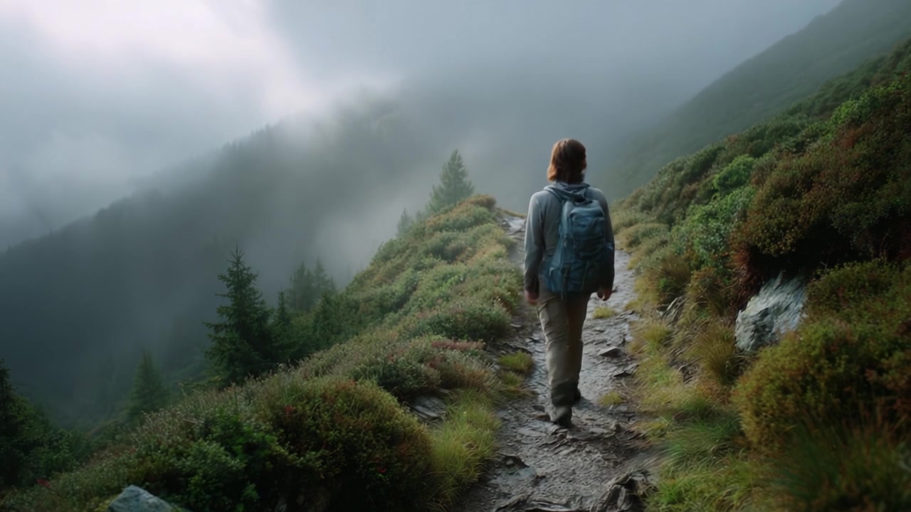 A Hiker Navigates a Misty Mountain Trail Surrounded by Lush Greenery and Fog, Embracing Nature's Beauty and Adventure in a Serene Landscape