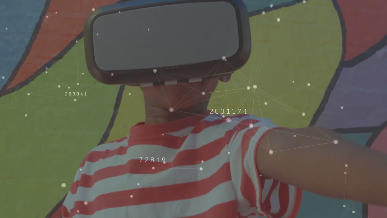 red de conexiones con un escolar que lleva auriculares vr