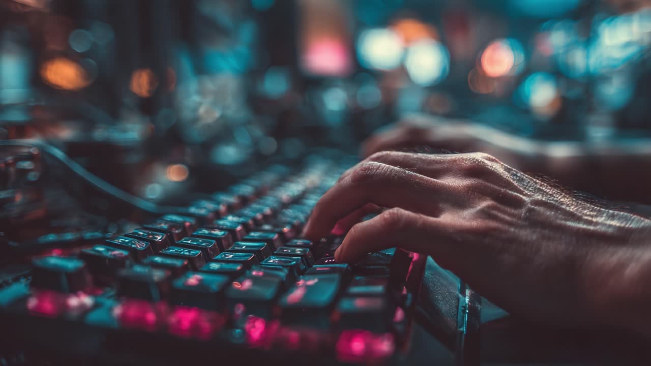 Concentrati sull'arte di digitare: primo piano di mani che premono i tasti di una tastiera meccanica illuminata da una tenue luce RGB in un ambiente scarsamente illuminato