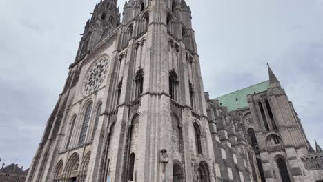 street view over facade of the cathedral our lady of chartres in renovation process.