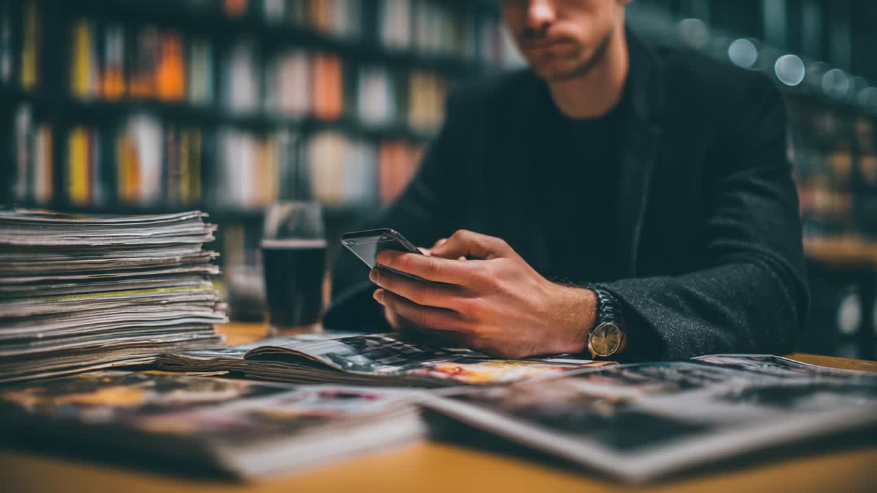 Un individuo concentrato impegnato con uno smartphone in un mare di riviste e libri, che cattura un momento di concentrazione e di stile di vita moderno in un accogliente ambiente di biblioteca.