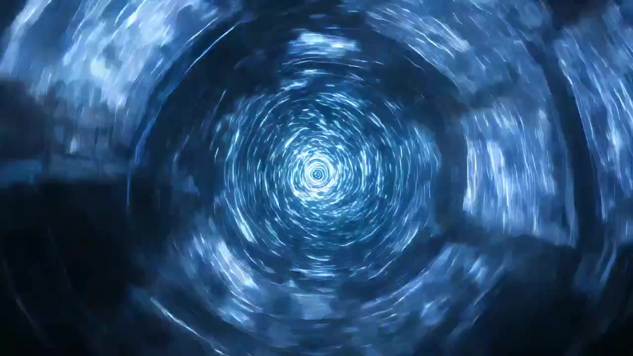 Powering core rotating blue vortex pulling streaks inward through hex tunnel, with segmented panels