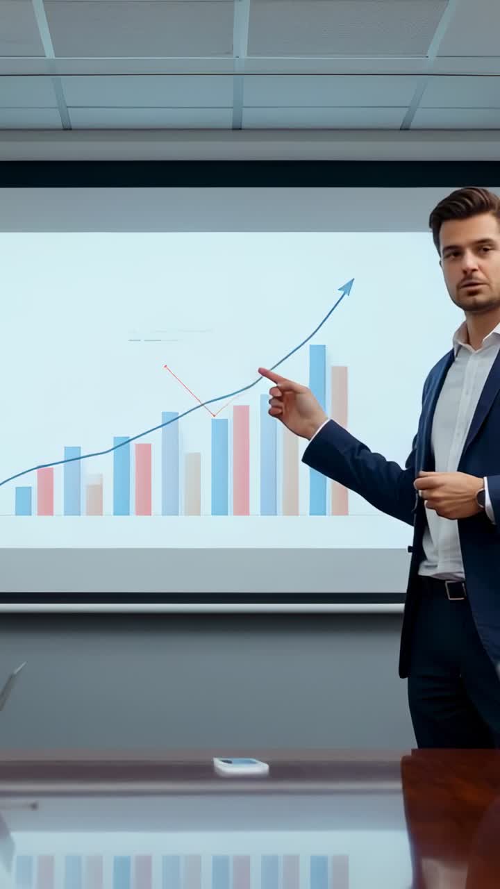 Vertical video: Entering presenter in blazer pointing chart in office showing growth, copy space