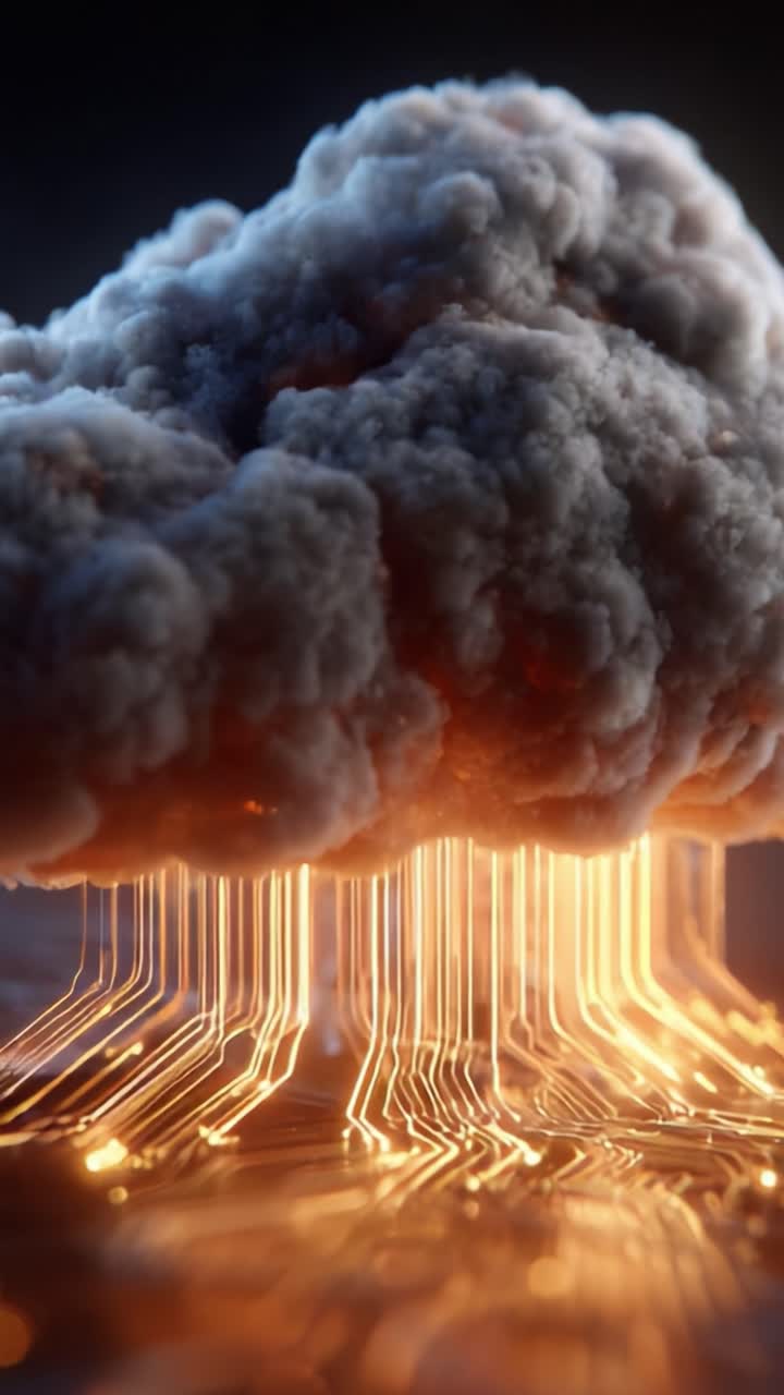 Et fængslende visuelt billede af en cloud over et printkort, der illustrerer krydsfeltet mellem teknologi og natur, med æteriske lys og teksturer for at fremkalde fantasi
