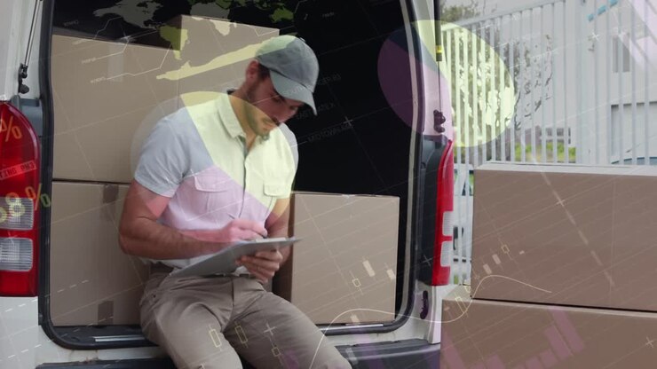 Animazione di elaborazione dati su uomo che carica scatole in auto