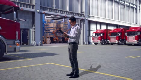 full body side view of an asian male professional worker standing with his tablet, outside of logistics distributions warehouse, working continuously with his tablet