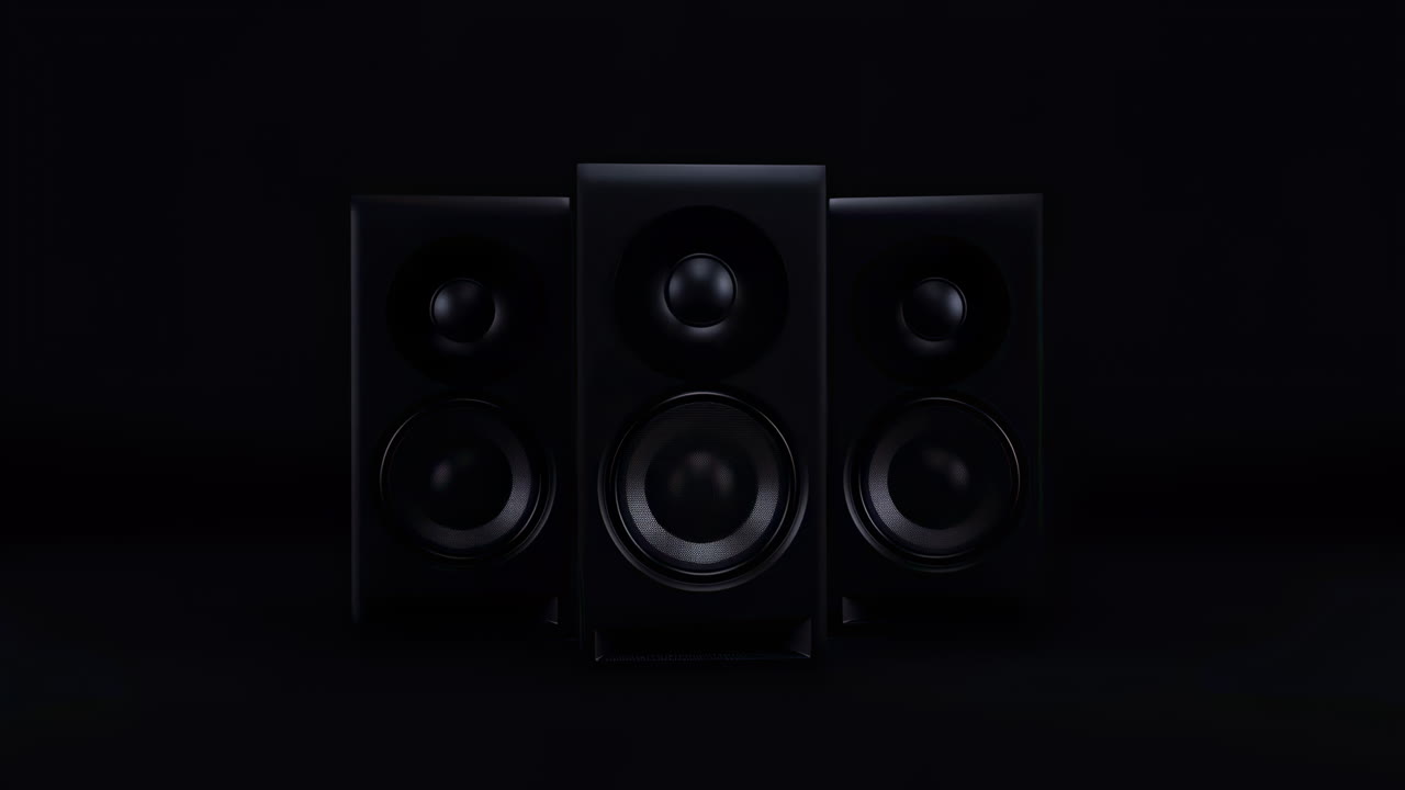 Trzy czarne głośniki audio podświetlone światłem na ciemnym tle