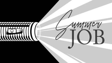 flashlight illuminates summer job text. hand holding pocket led electric lamp.