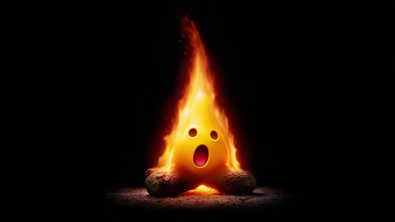 A captivating depiction of a surprised emoticon engulfed in fiery flames, highlighting the contrast between the vibrant fire and the shocked expression against a dark background