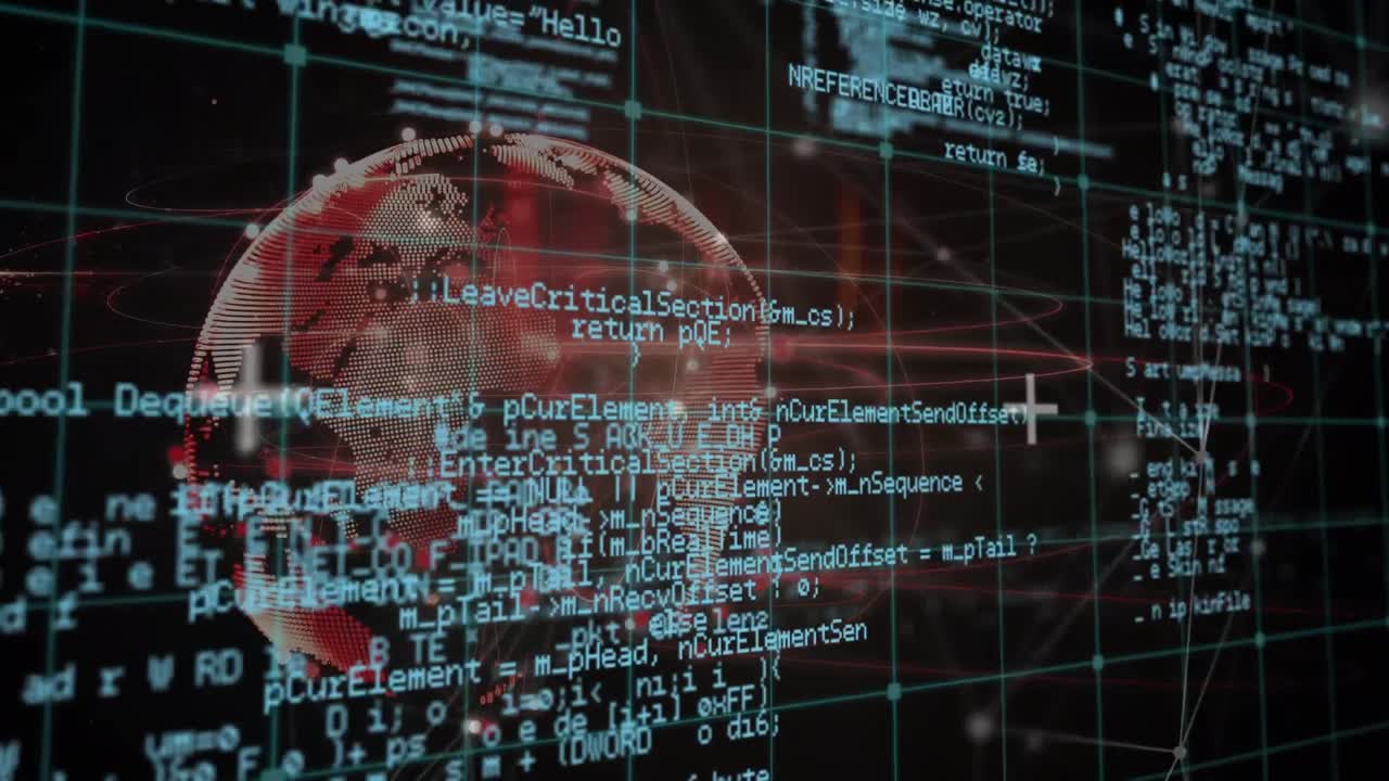 animación del procesamiento de datos en pantallas, globo y red de conexiones