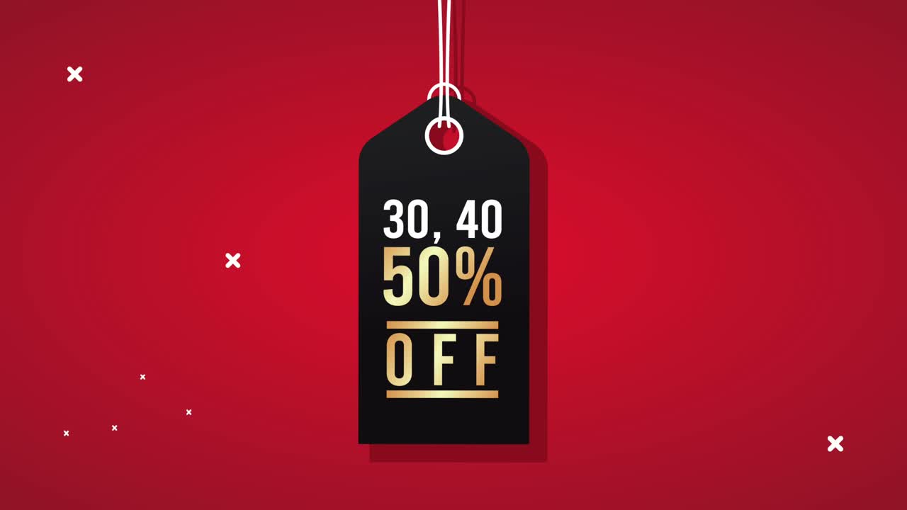 etiqueta comercial colgada con letras doradas animadas