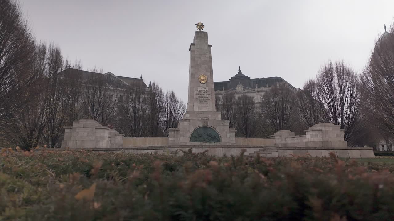 Dolly shot of Soviet War Memorial in Liberty Square of Budapest, HUN