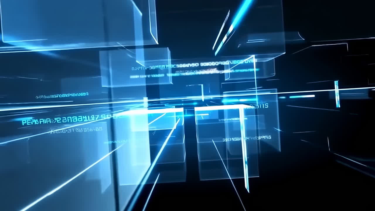 Blue Data Cubes Moving Through, Angular Glass Panels And Light Streaks Create Sense Of Velocity, Virtual