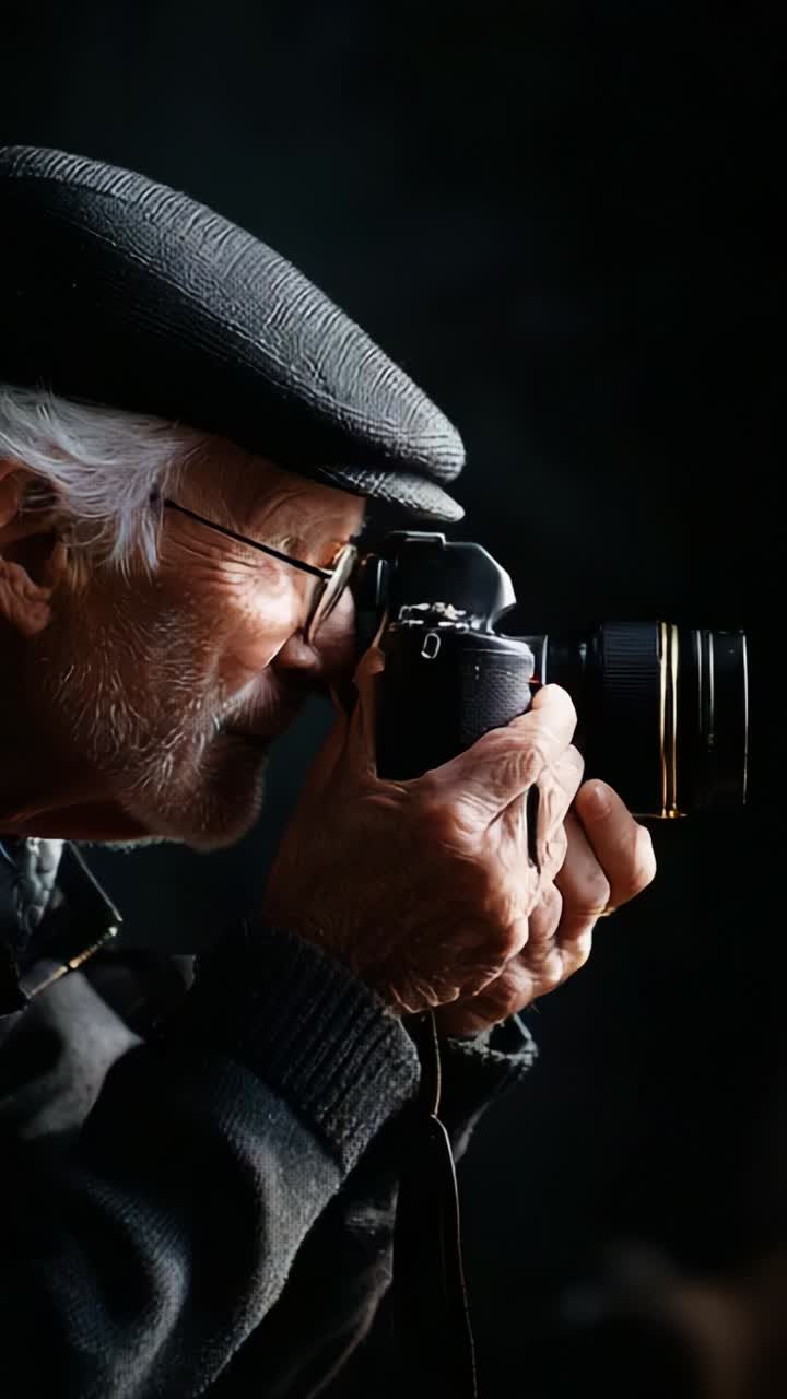 An elderly photographer captures moments with passion, showcasing the artistry and dedication of photography as he focuses intently through the camera lens