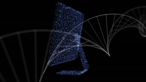 digital animation of dna structure spinning against 3d computer screen on black background