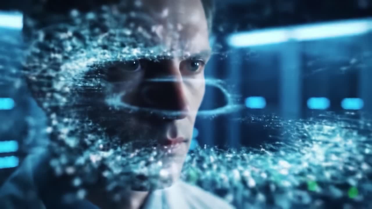 A researcher analyzes complex data visualizations in a high-tech laboratory. The innovative setting showcases advanced research tools and techniques while focusing on technology's impact on science.