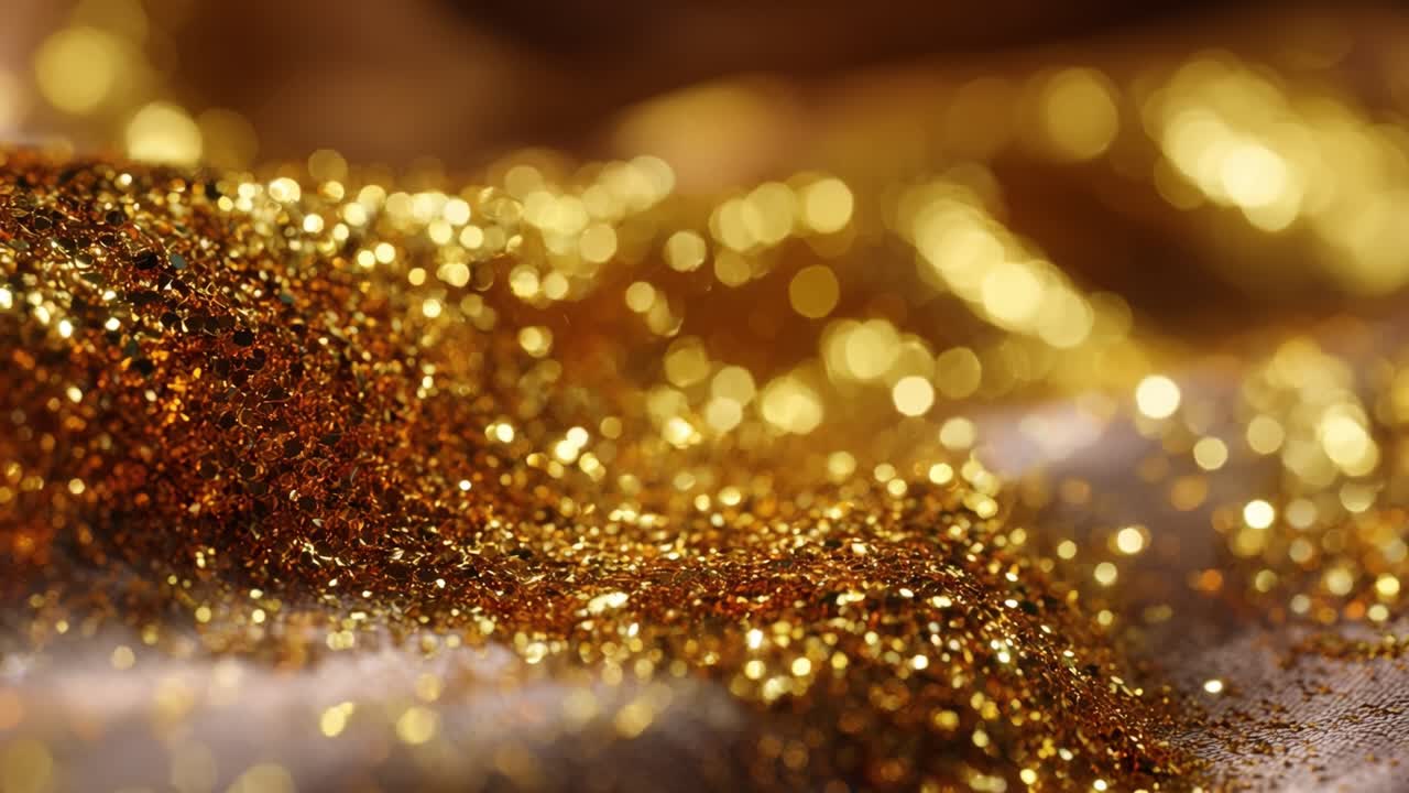 Lo scintillio ipnotizzante di glitter dorati sparsi su un tessuto lussuoso, che crea uno straordinario spettacolo visivo di bellezza luccicante ed eleganza in ogni fotogramma