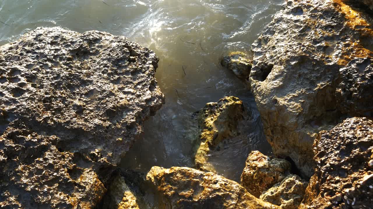Stort nærbillede af skummende bølger fra Adriaterhavet, der slår mod den klippefyldte kyst på en albansk strand med palmetræer i baggrunden