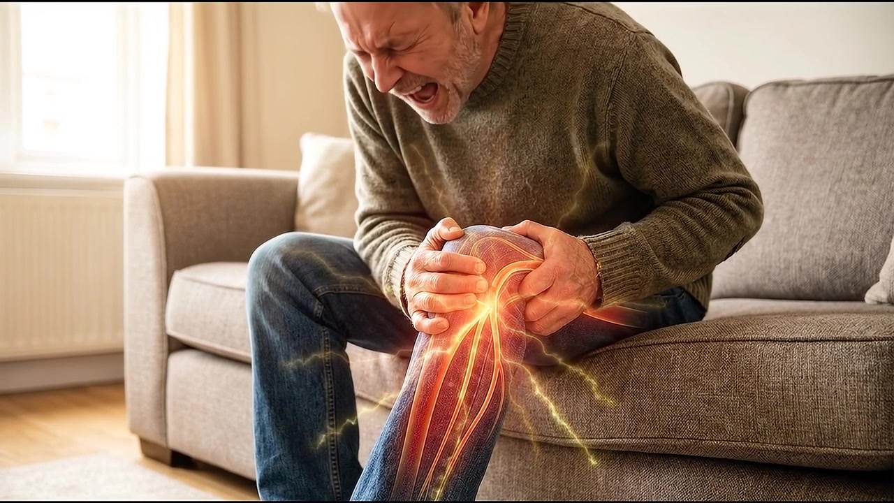 Uomo anziano che soffre di forte dolore al ginocchio a casa.