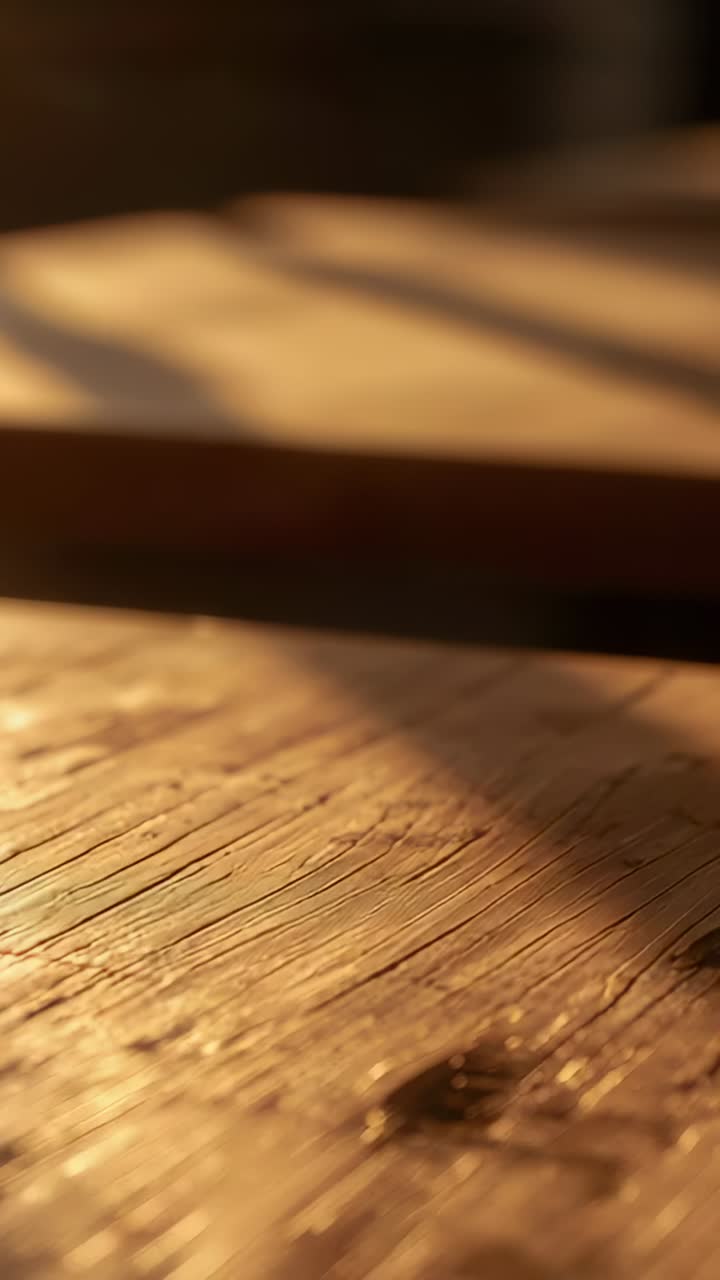 Video verticale: Luce solare cangiante che rivela la venatura di un tavolo di legno e crepe in casa, proiettando strisce d'ombra.