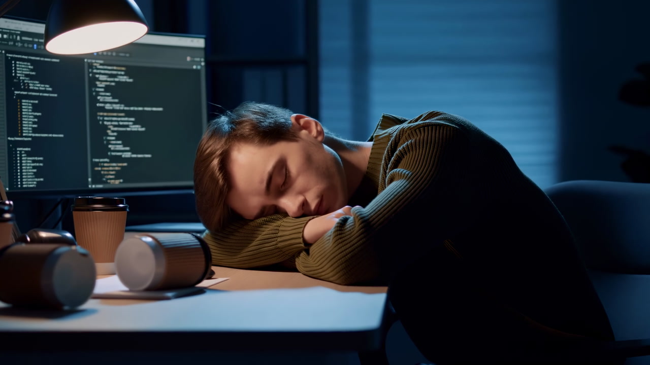 Young Programmer Asleep At Computer Desk, Latenight Coding Session, Monitor Filled With Code, Warm Desk Lamp