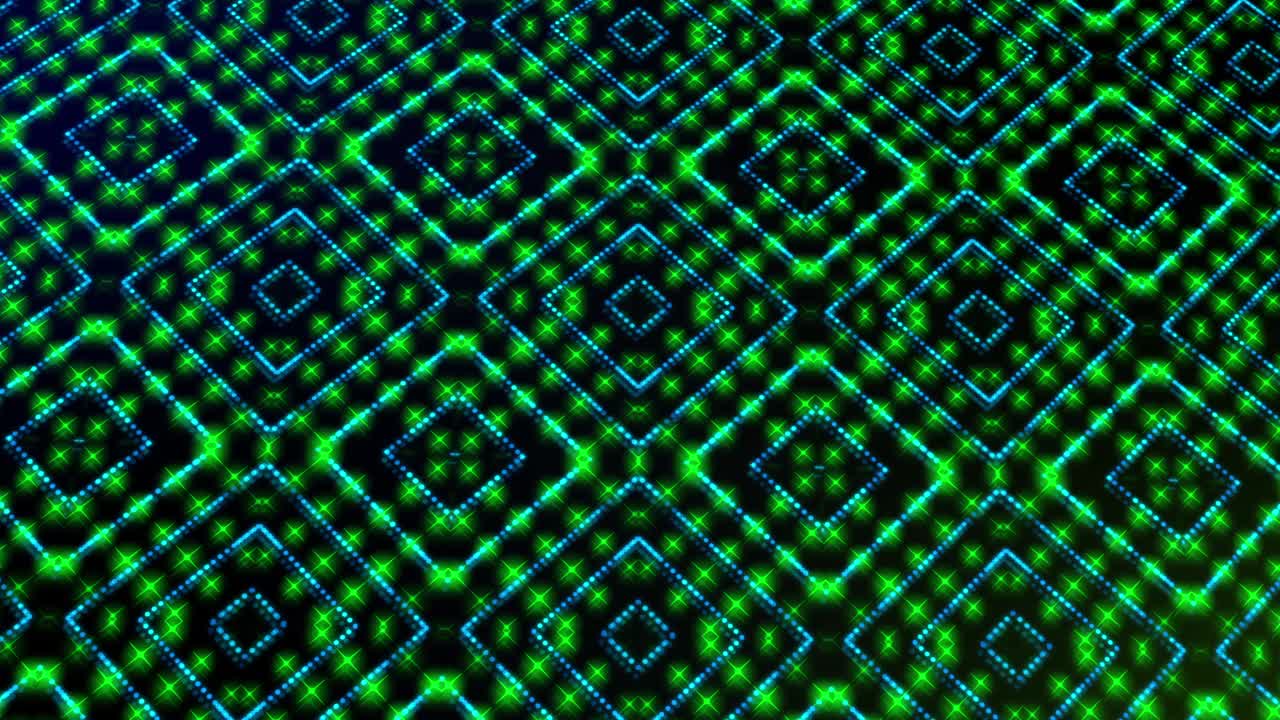 ilustración animada luz brillando puntos verdes y azules y estrellas formas cuadradas.