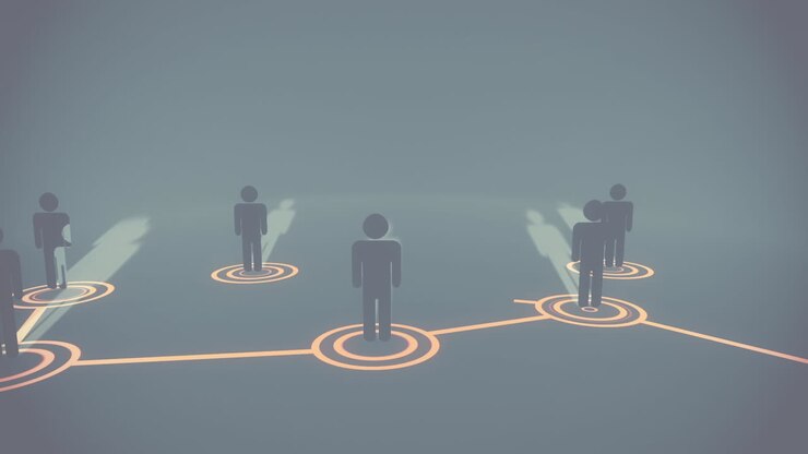 Animation of network of connections and human representation over grey background