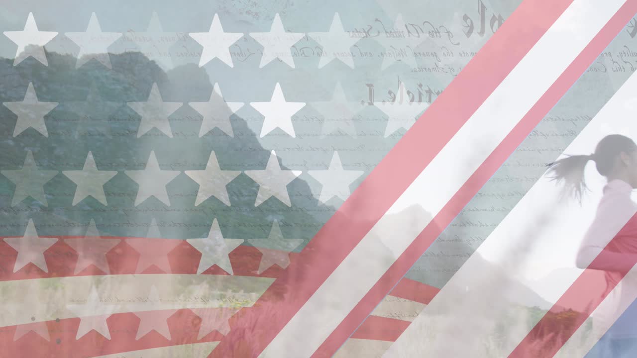 거리에서 달리는 부부 위에 움직이는 줄무와 별의 애니메이션