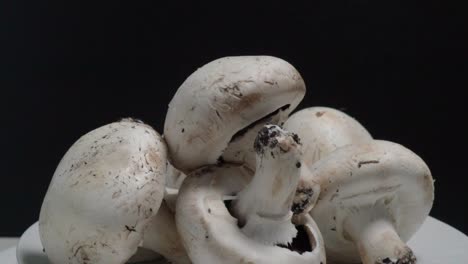 Kippen-Sie-Nach-Unten,-Gemeinsame-Champignons-Auf-Weißem-Teller-Mit-Schwarzem-Hintergrund