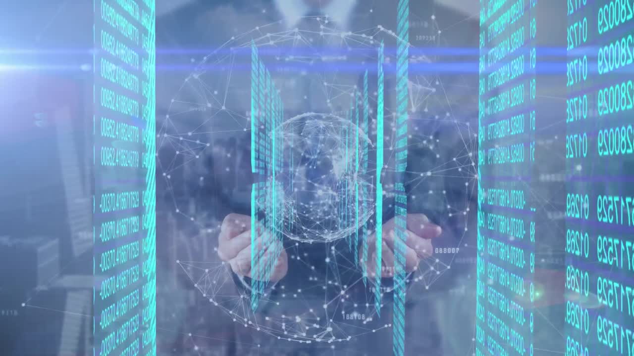 animación de un globo hecho de conexiones giratorias con un túnel hecho de pantallas