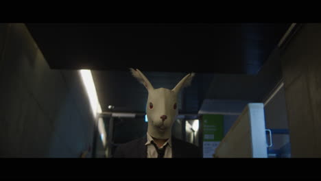 man walking down a corridor with a rabbit head
