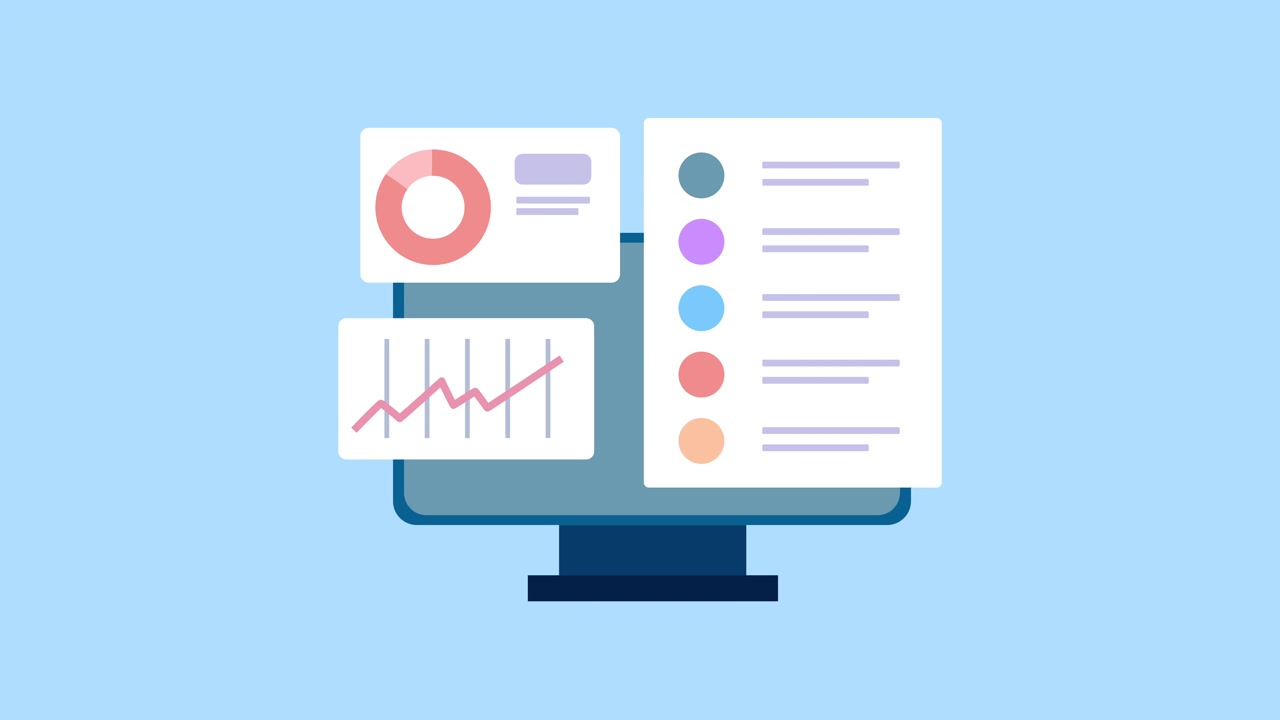 Monitor di Computer Animato che Mostra Grafici di Dati Aziendali
