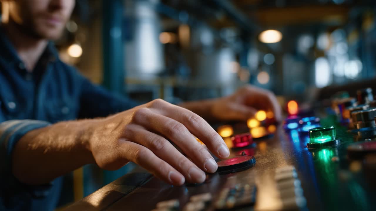 A Skilled Operator Engaged in Control Panel Management, Using Colorful Buttons and Levers to Enhance Industrial Process Efficiency in a Modern Facility