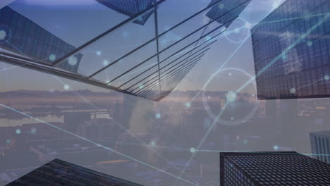 animation of network of connections over cityscape and office buildings