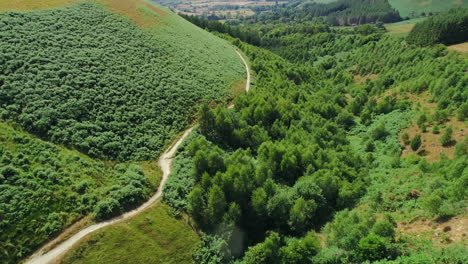 aerial shot of winding country road through green hills near lake windermere, lake district, uk