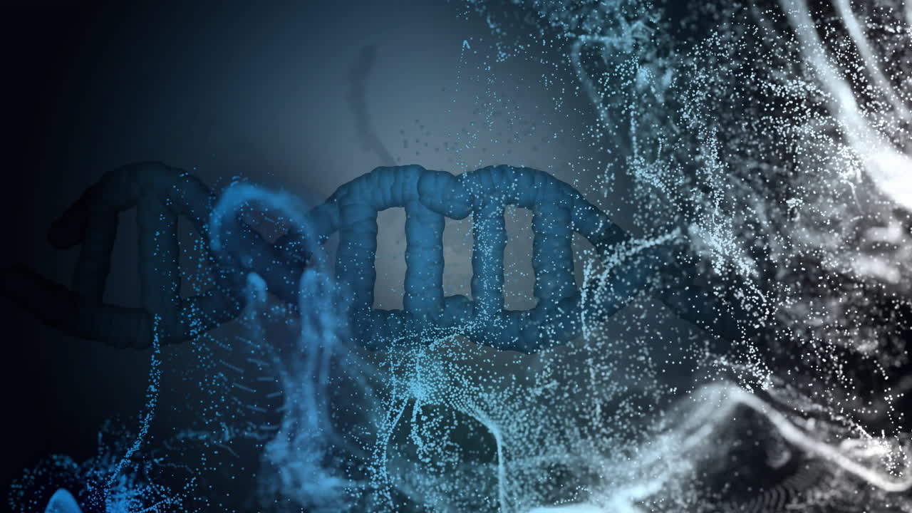 animación de cadena de adn y partículas sobre un fondo azul oscuro