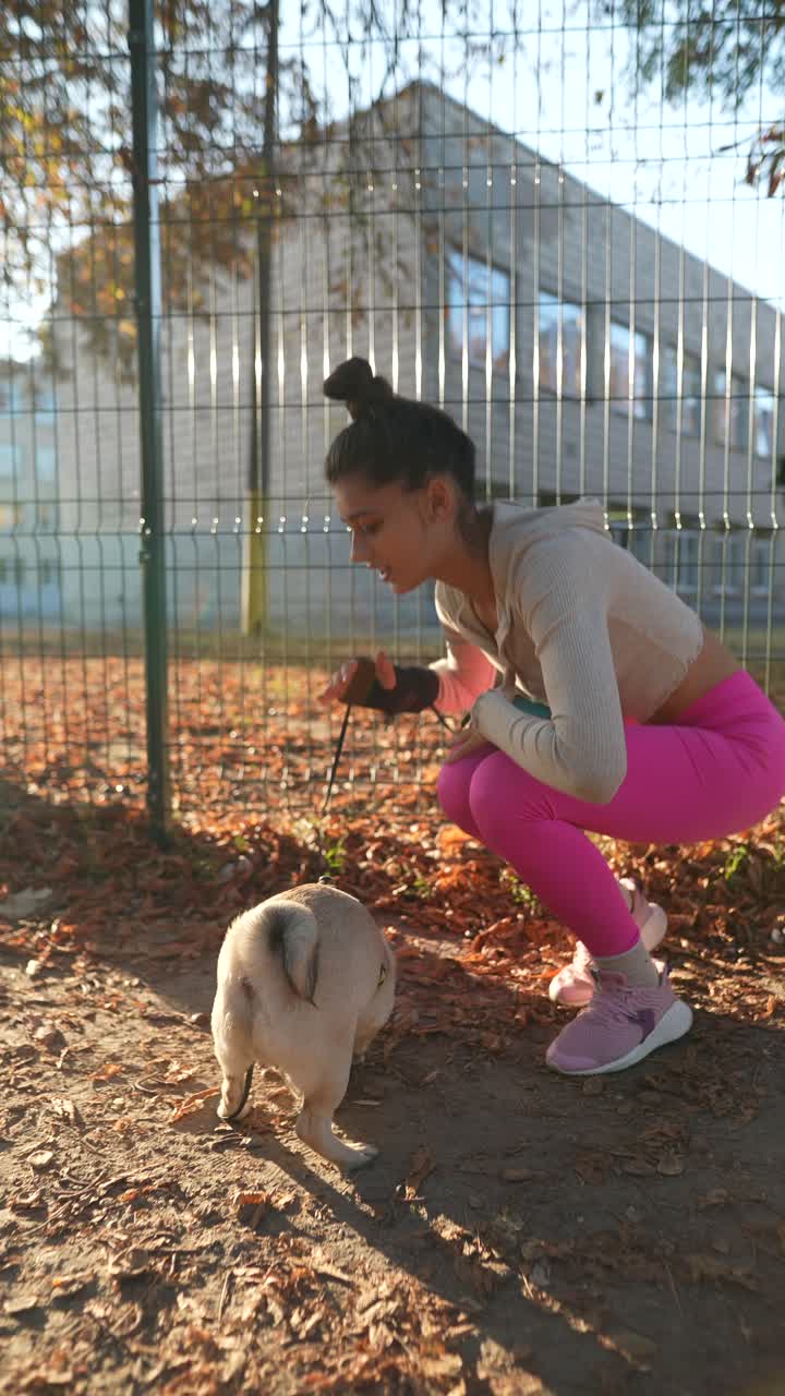 한 여자 가 가을 공원 에서 파그 를 산책 시키고 있다