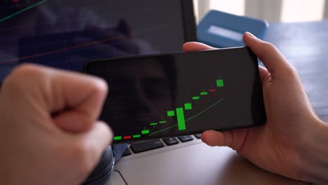 dedo índice de un hombre arrastrando la pantalla del teléfono para ver el gráfico de velas alcistas del mercado de valores financiero