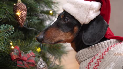 mischievous dachshund in warm sweater and santa hat nibbles on ribbon decorating christmas gift box under festive tree. dog spoils holiday with bad behavior